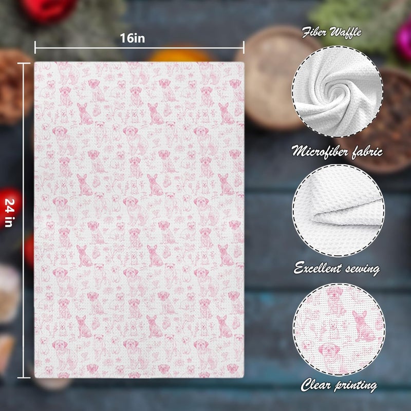 Nipil Pink Chinoiserie Dog Floral Decor Kitchen Towels，Dog Gifts for Kitchen Bathroom Decor,Pink Animal Print Grandmillennial Decorative Dish Tea Towels,16x24 Inch - Image 2